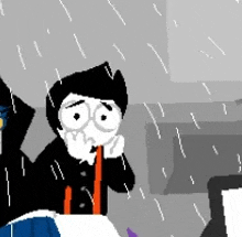 a black and white cartoon character is standing in the rain holding a lollipop .