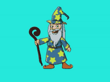 a cartoon wizard with a beard and a hat is holding a wand .