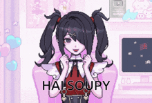 a pixel art drawing of a girl with the word halsoupy written below her