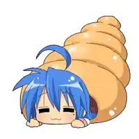 a girl with blue hair is laying inside of a shell