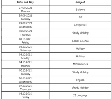 a table showing the date and day of each subject for the school year .