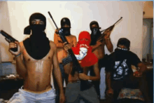 a group of men wearing masks and holding guns including one wearing a shirt that says rnc