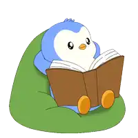 a penguin is reading a book while sitting on a green bean bag chair