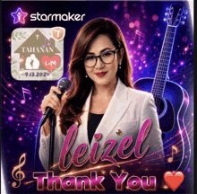 a woman singing into a microphone with the words leizel thank you written below her