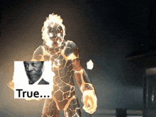 a picture of a man in a suit with the words true behind him