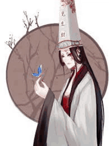 a woman in a kimono and a hat is holding a blue butterfly in her hand .