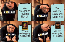 a cartoon character is holding a clipboard with the words " we are gonna revamp rollbit "