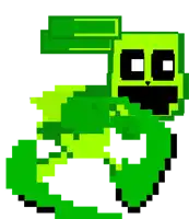 a pixel art drawing of a green frog with a black face and a white background .