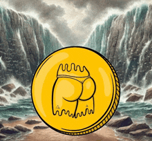 a coin with a drawing of a woman 's butt on it in front of a waterfall