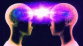 two heads are looking at each other with a bright light coming out of their brains