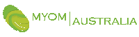 a logo for myom australia with a green feather on it