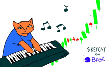 a cartoon of a cat playing a keyboard with the words $ keycat on base underneath it