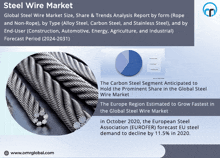 a flyer for the steel wire market shows a picture of rope and a pie chart