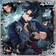 a picture of a man holding a knife with the words good morning on the bottom