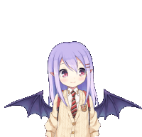 a girl with purple hair and bat wings wears a sweater and tie