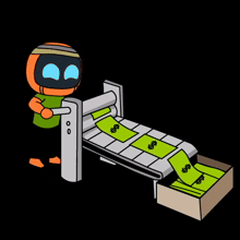 a cartoon character is standing next to a conveyor belt of money with a dollar sign on it