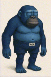 a cartoon gorilla wearing blue underwear with the word ron on it