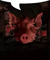 a pig 's head with a speech bubble behind it