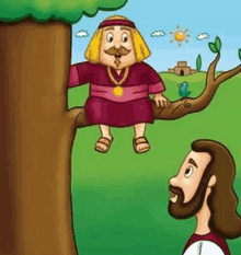 jesus is talking to a man sitting on a tree branch .