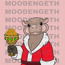 a cartoon drawing of a otter in a santa suit holding a goblet of gold coins