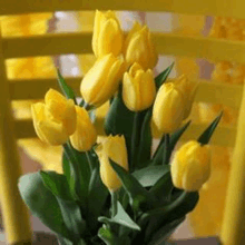 a vase filled with yellow tulips sits on a table in front of a yellow chair