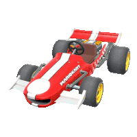 a red and white mario kart racing car with yellow wheels