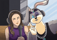 a cartoon of a woman and a rabbit with headphones on