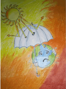 a drawing of a sad earth holding an umbrella