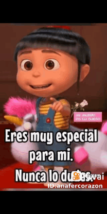 a cartoon girl is holding a stuffed animal and says " eres muy especial para mi nunca lo duda "