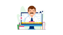 a man with a mustache is sitting in front of a computer screen with a speech bubble .