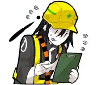 a cartoon drawing of a man wearing a hard hat and safety vest holding a clipboard