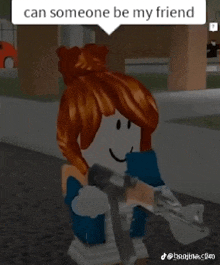 a girl with red hair is holding a gun and has a speech bubble that says " can someone be my friend "