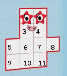 a cartoon character with a face made out of blocks with numbers on them