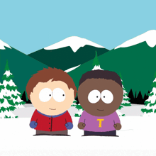 two south park characters standing next to each other with mountains in the background