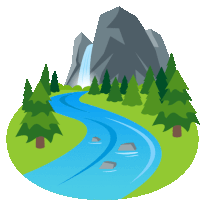 an illustration of a river running through a forest with a waterfall in the background