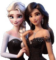 two cartoon characters standing next to each other one in a black dress and one in a white dress