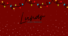 a lunar merry christmas greeting card with christmas lights on a red background