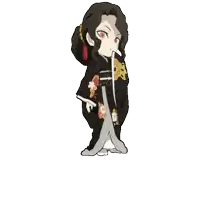 a cartoon of a woman in a black kimono with red eyes
