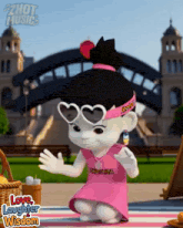 a cartoon girl wearing heart shaped sunglasses and a pink dress with the words love laughter wisdom below her