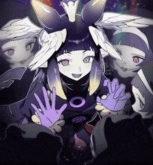 a cartoon drawing of a girl with purple eyes and a purple circle on her chest