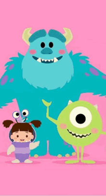 the monsters from monsters inc are standing next to each other on a pink background .