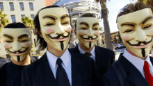 a group of men in suits and ties are wearing masks