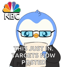 a cartoon of a penguin holding a piece of paper with the words " this just in " targets now posted