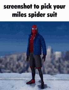 a screenshot to pick your miles spider suit shows a spider man in a blue jacket