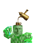 a green statue of a man is pouring coffee into a cup .