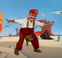 a man in overalls and a red hat with a m on it