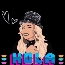 a cartoon drawing of a woman wearing a top hat with the word hola behind her