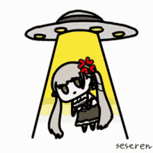 a cartoon of a girl being abducted by an alien flying saucer