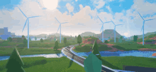 a video game scene with wind turbines and a river