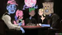 a group of cartoon characters are playing poker under a neon sign that says freak club